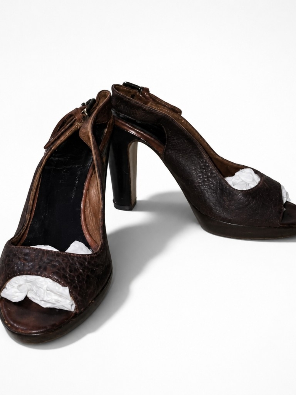 Marni Dark Brown Raw Leather Platform Peep-Toe Slingbacks SZ 36